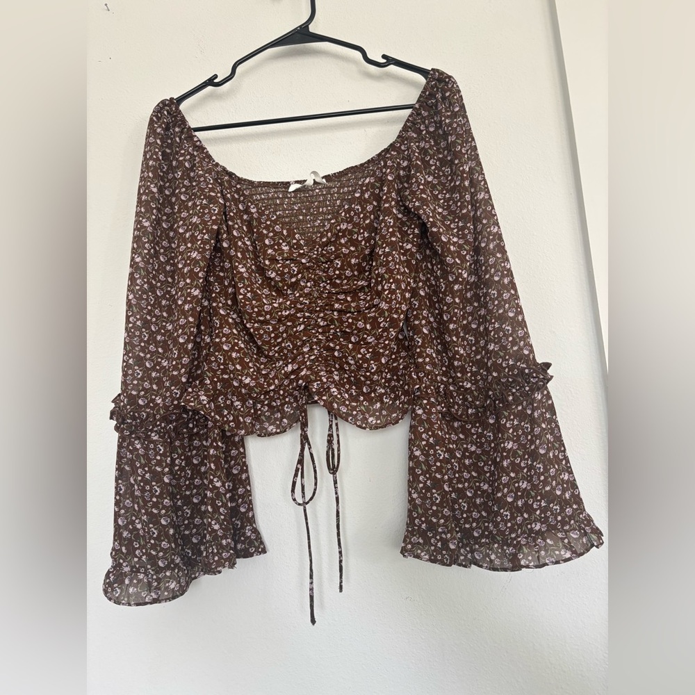 Altar'd State Brown Floral Off-Shoulder Peasant Blouse